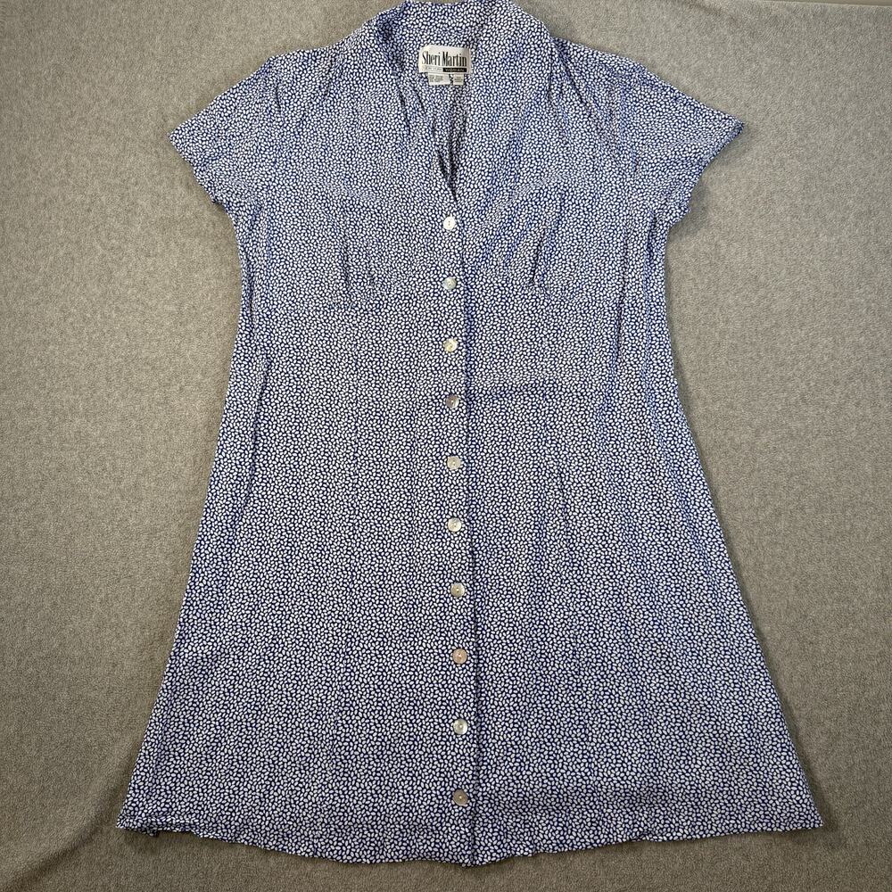 Sheri Martin Vintage Button Front Collared Dress Women's 14W Blue White Rayon